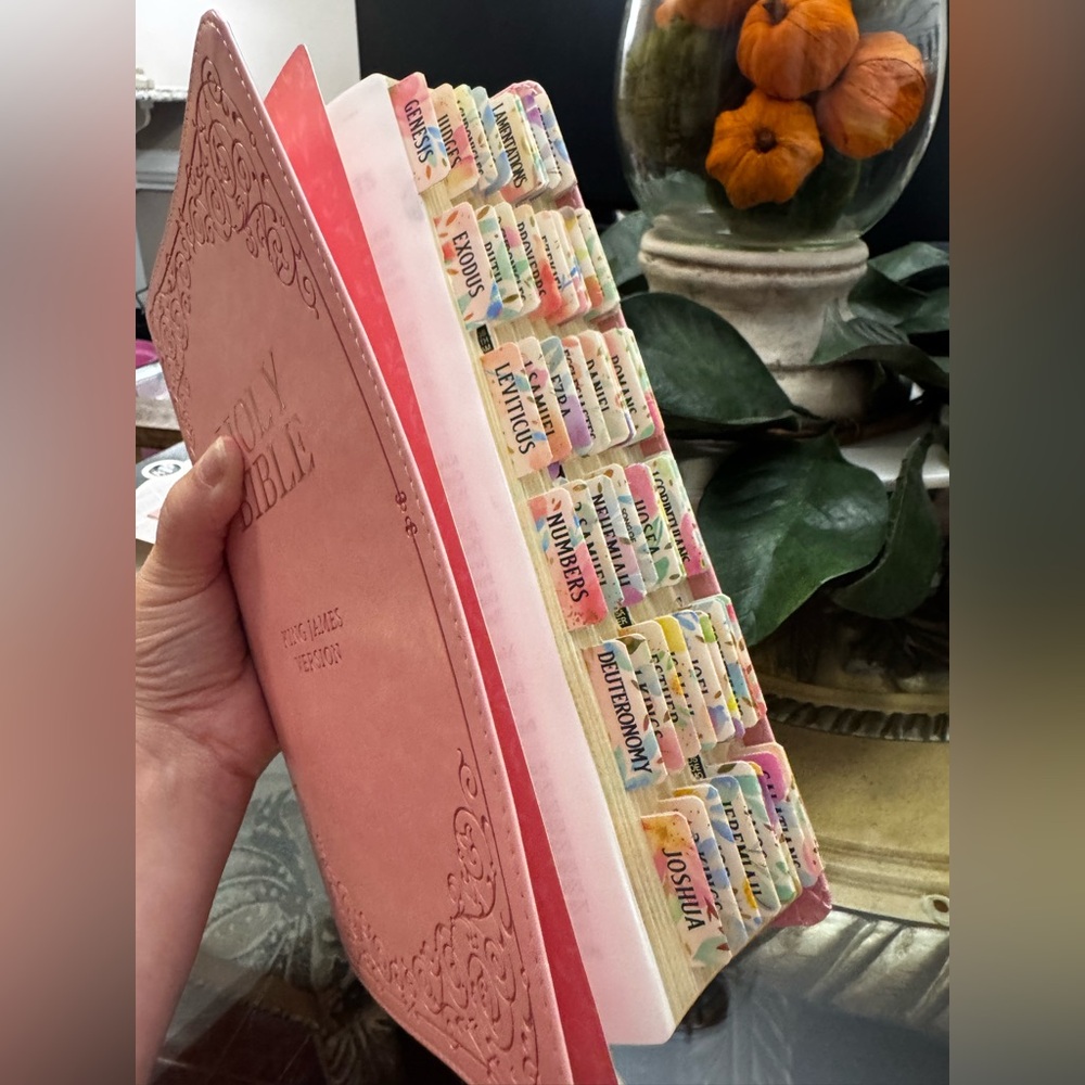 New Pink KJV Faux Leather Holy Bible with Giant Print & Adorable Floral Tabs